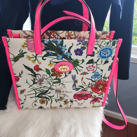 Gucci Pink Multicolor Floral Tote Bag Convertible Open Tote Flora Canvas - Picture 4 of 9